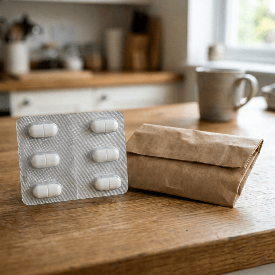 Unlabeled blister pack of six white oval antibiotic tablets beside a plain paper pharmacy bag on a kitchen table