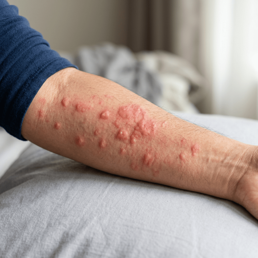 Forearm with multiple raised red bumps and irritated skin