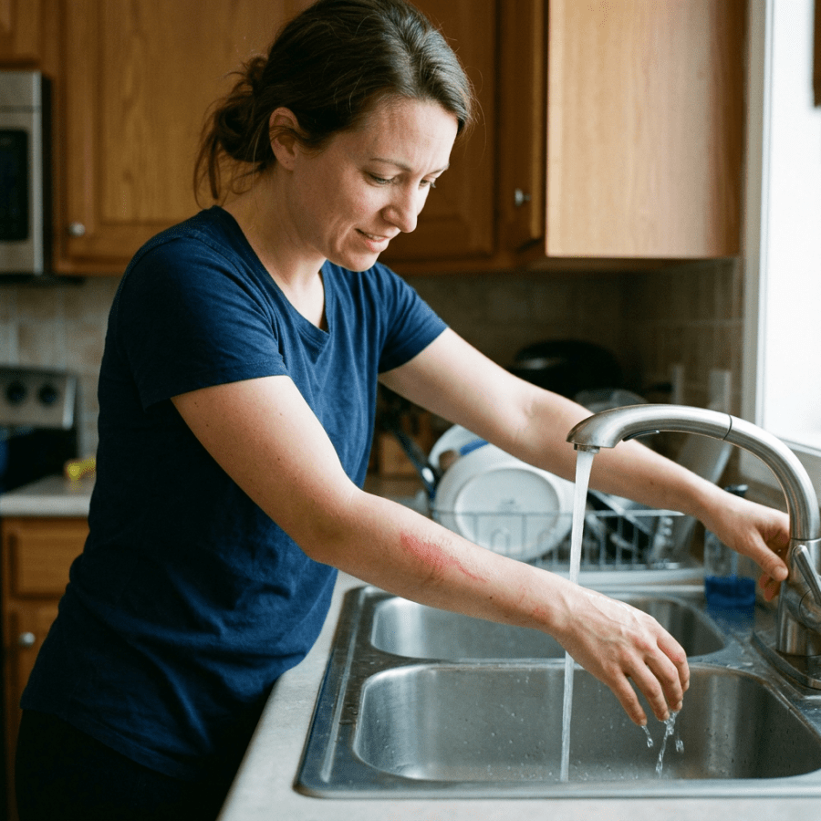Woman washing her hands at a kitchen sink with irritated forearm