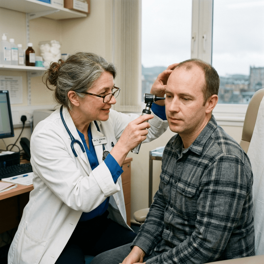 Clinician examining a seated patient’s ear with an otoscope