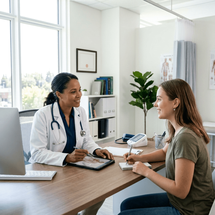 Doctor talking with a patient across a desk in a clinic office