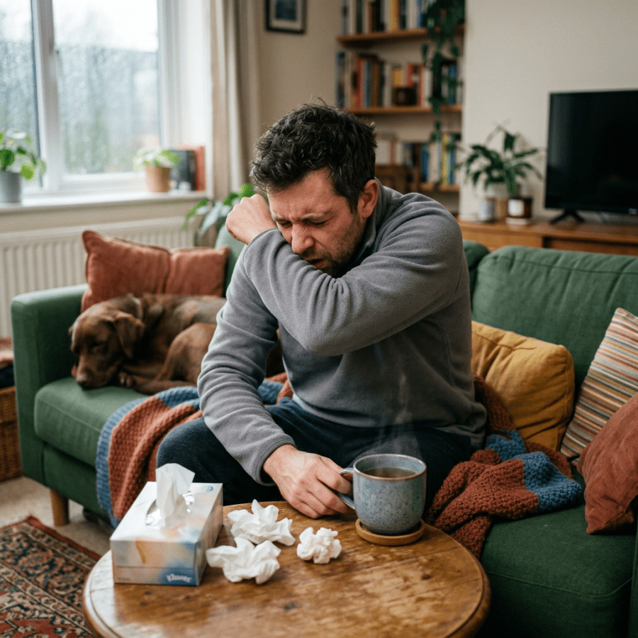 Man coughing into his elbow while holding a mug on a sofa