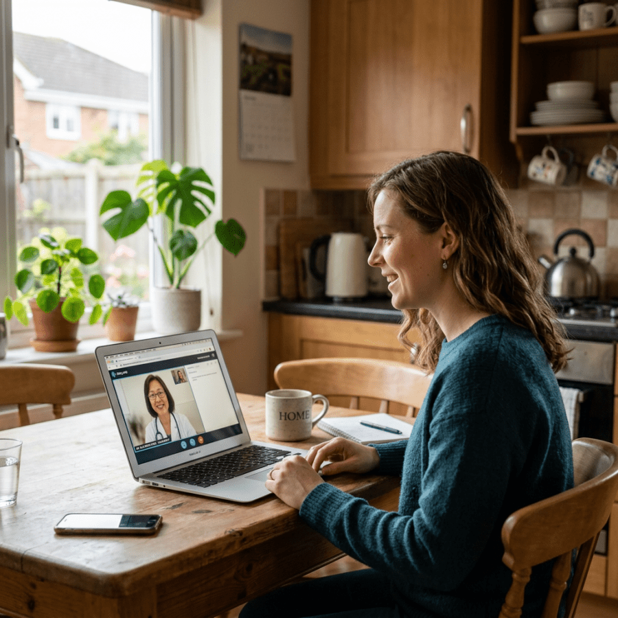 Woman having a video consultation with a doctor on a laptop at home