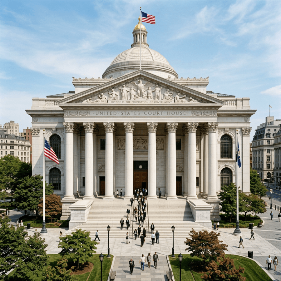 Exterior of a neoclassical United States courthouse with columns and steps