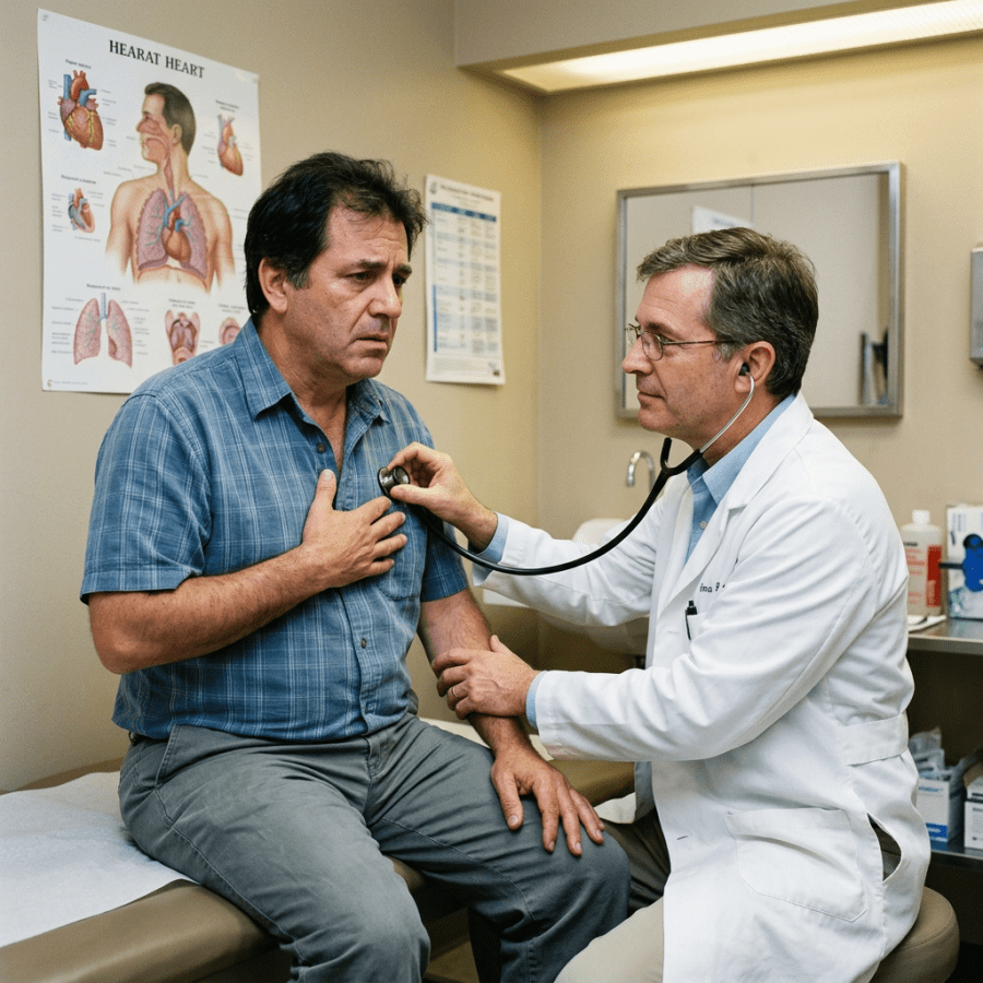 Doctor using a stethoscope to examine a seated patient who is holding his chest