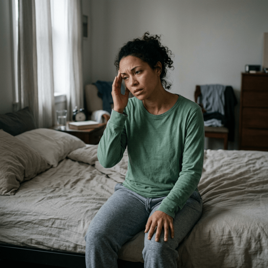 Woman sitting on bed with hand to her head, looking distressed