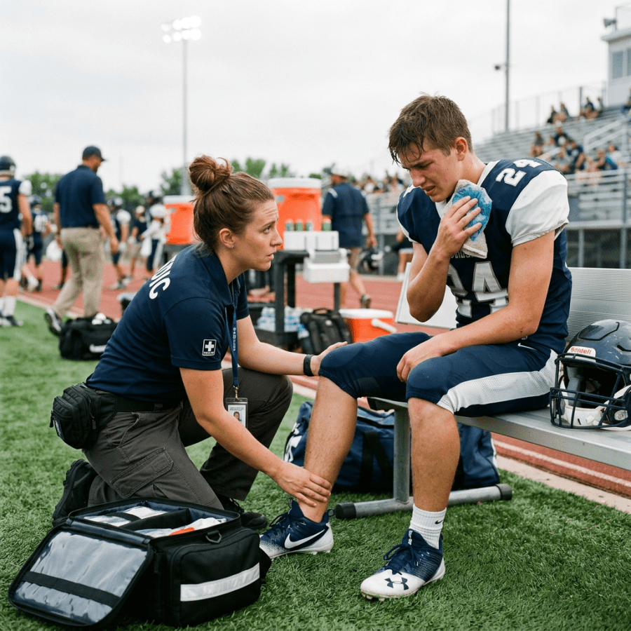 Sports trainer examining a seated football player on the sideline