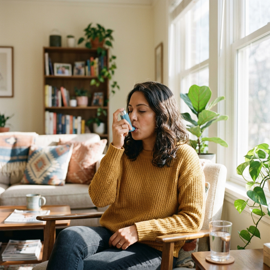 Woman using an inhaler while seated in a bright living room