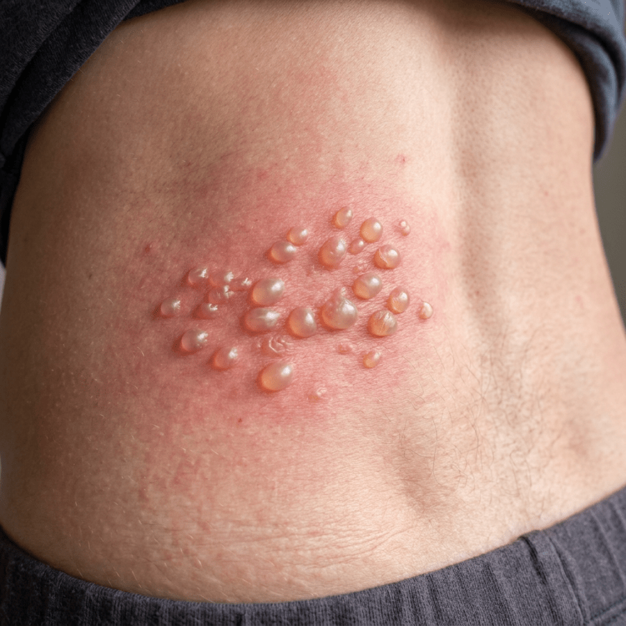 Clustered fluid-filled blisters on reddened skin of the torso
