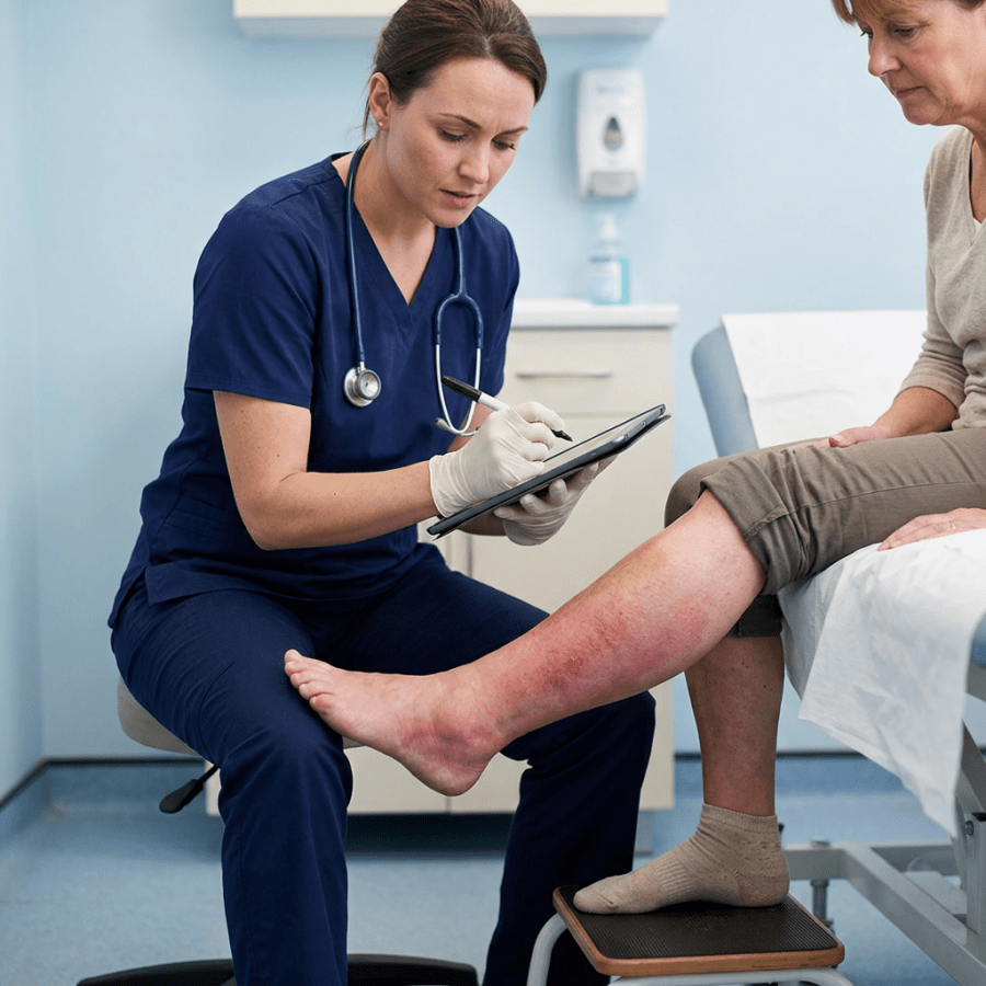 Nurse documenting examination of patient's reddened lower leg