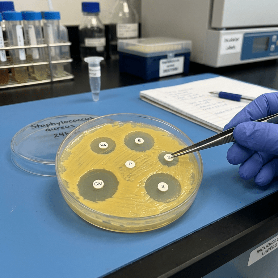 Staphylococcus aureus culture plate with antibiotic discs and inhibition zones