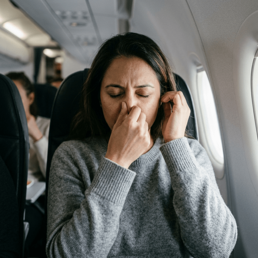 Passenger pinching her nose and covering her ear aboard an airplane