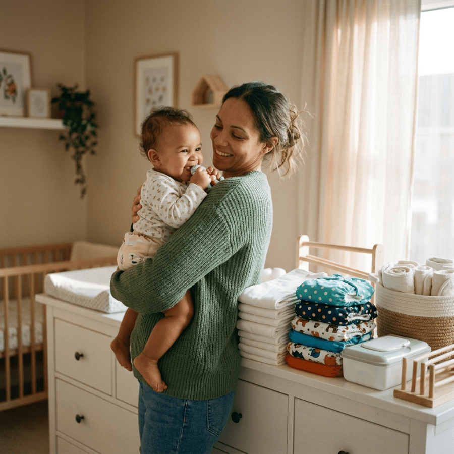 Mother holding smiling baby beside folded diapers and nursery supplies