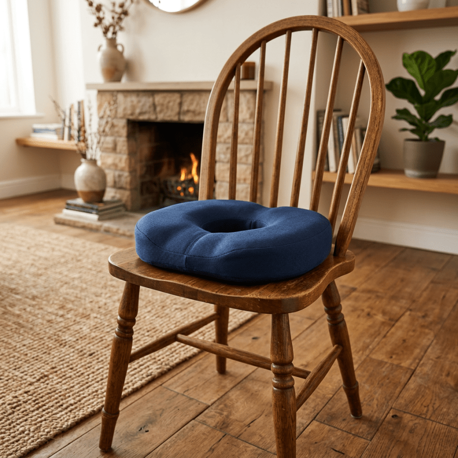 Blue cushion on a wooden chair in front of a fireplace