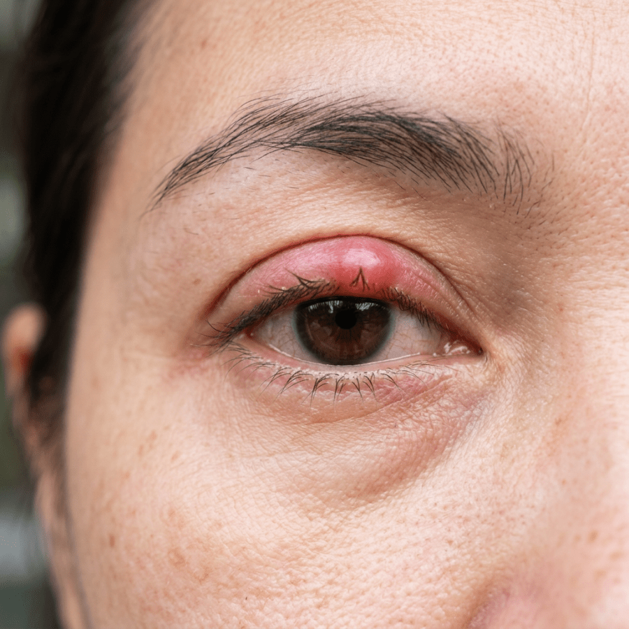 Close-up of an eye with a red, swollen upper eyelid