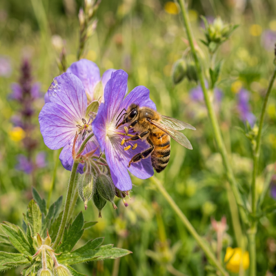 Honeybee collecting nectar from a purple wildflower