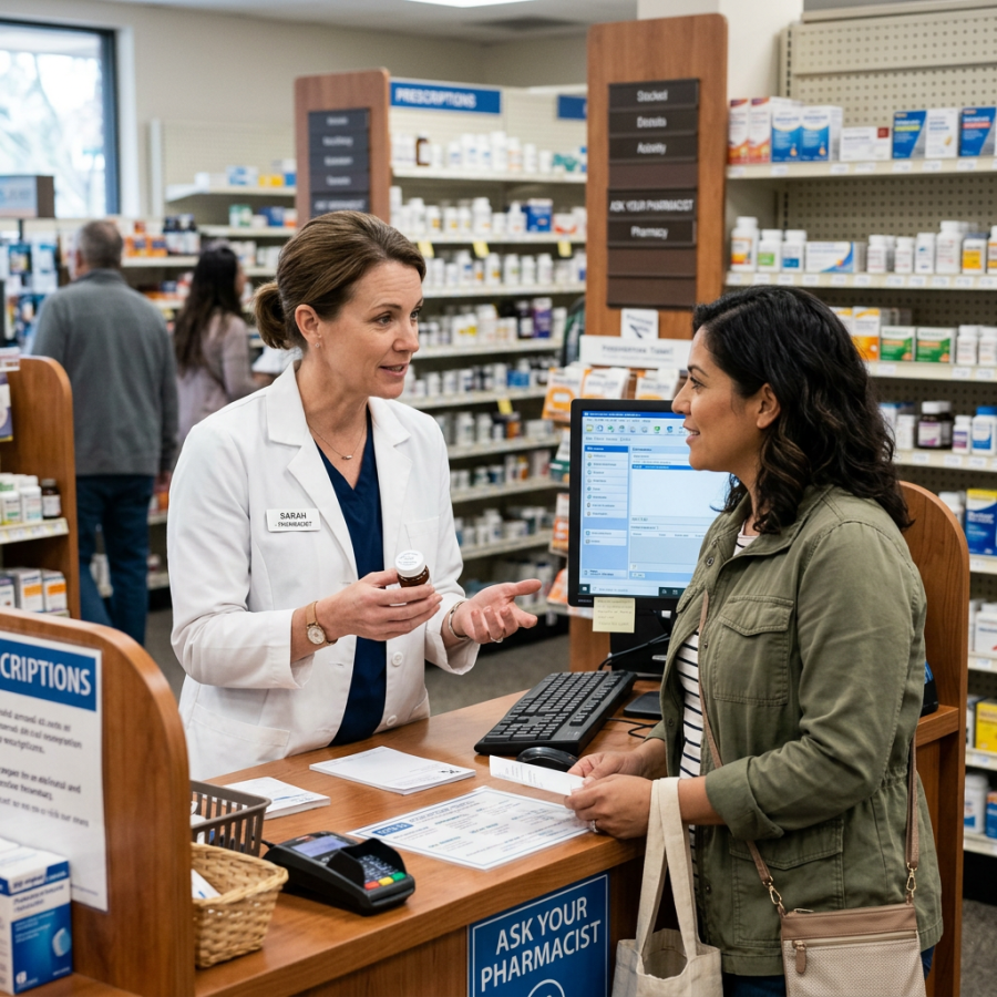 Pharmacist discussing medication with a patient at a pharmacy counter