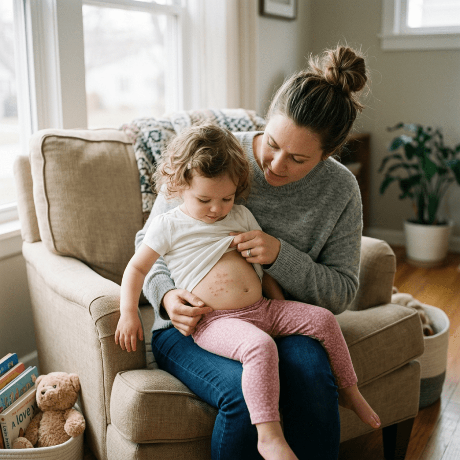 Mother examines a rash on a child’s abdomen while seated indoors