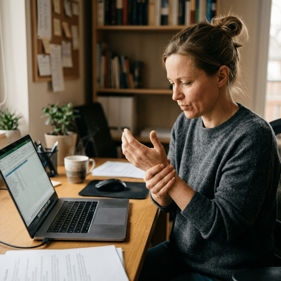 Woman holding her wrist beside a laptop at a home office desk