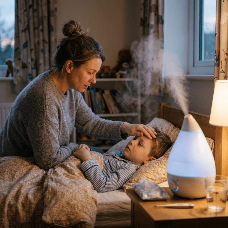 Mother comforting a child in bed beside a running humidifier