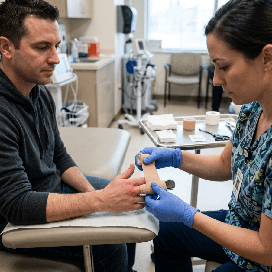 Healthcare worker bandaging a patient’s injured hand