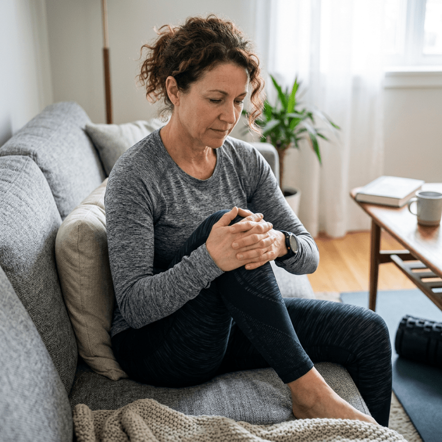 Woman seated on a sofa holding her knee with both hands