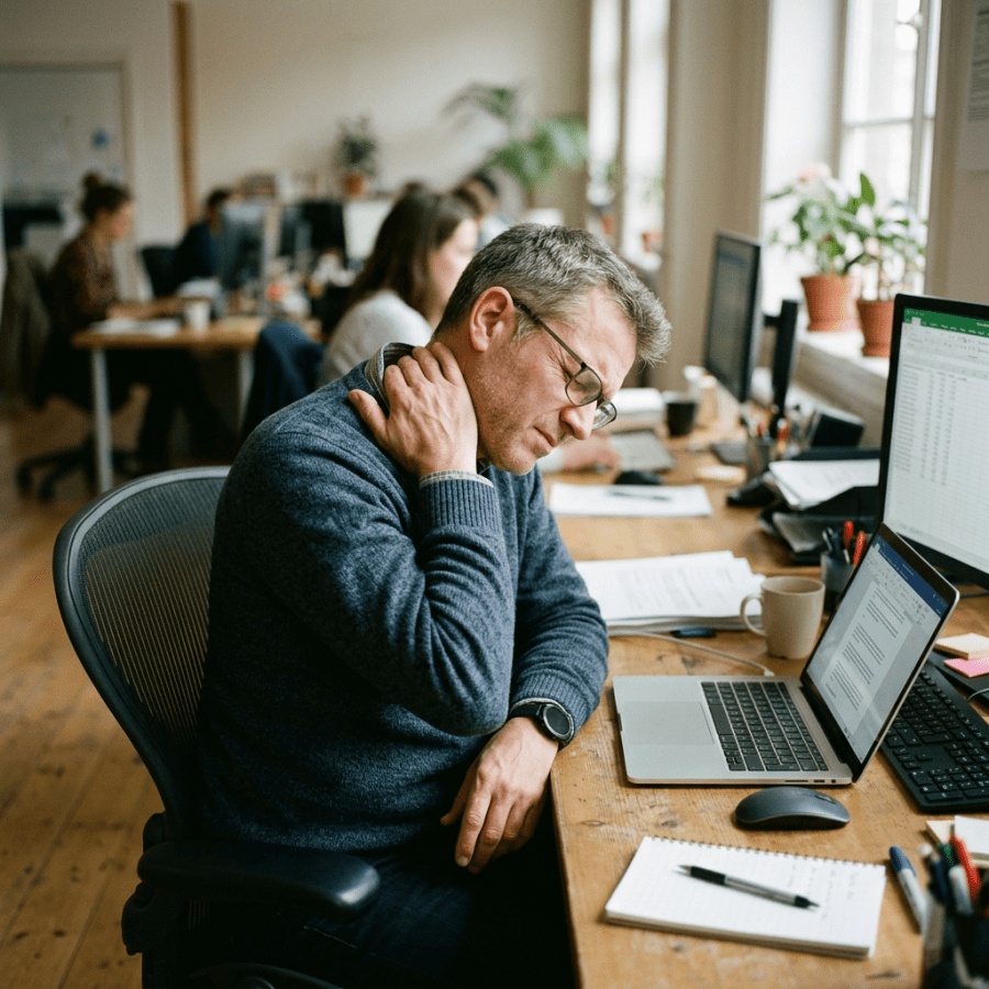 Office worker holding his neck while seated at a desk