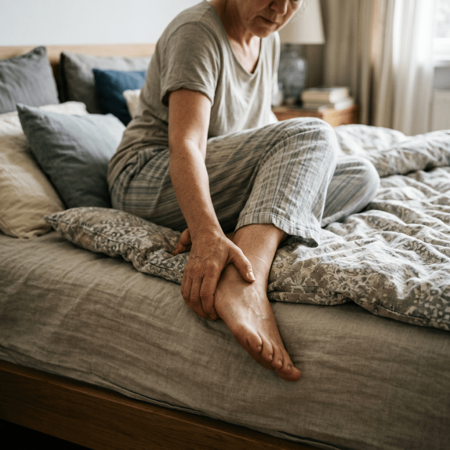 Person sitting on bed and holding their lower leg
