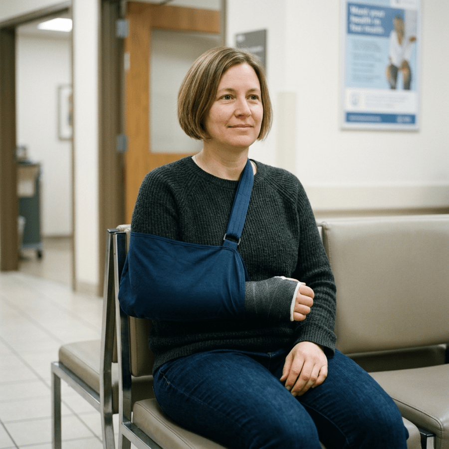 Patient seated in clinic waiting room wearing a blue arm sling