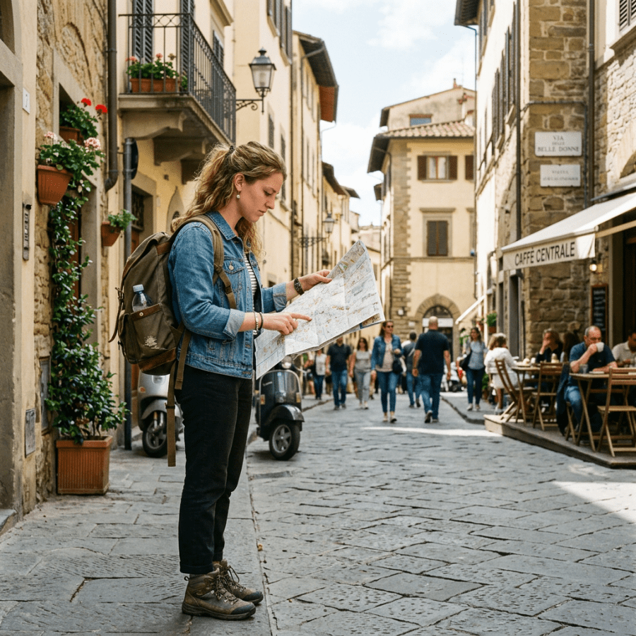 Traveler studying a map on a historic Italian street