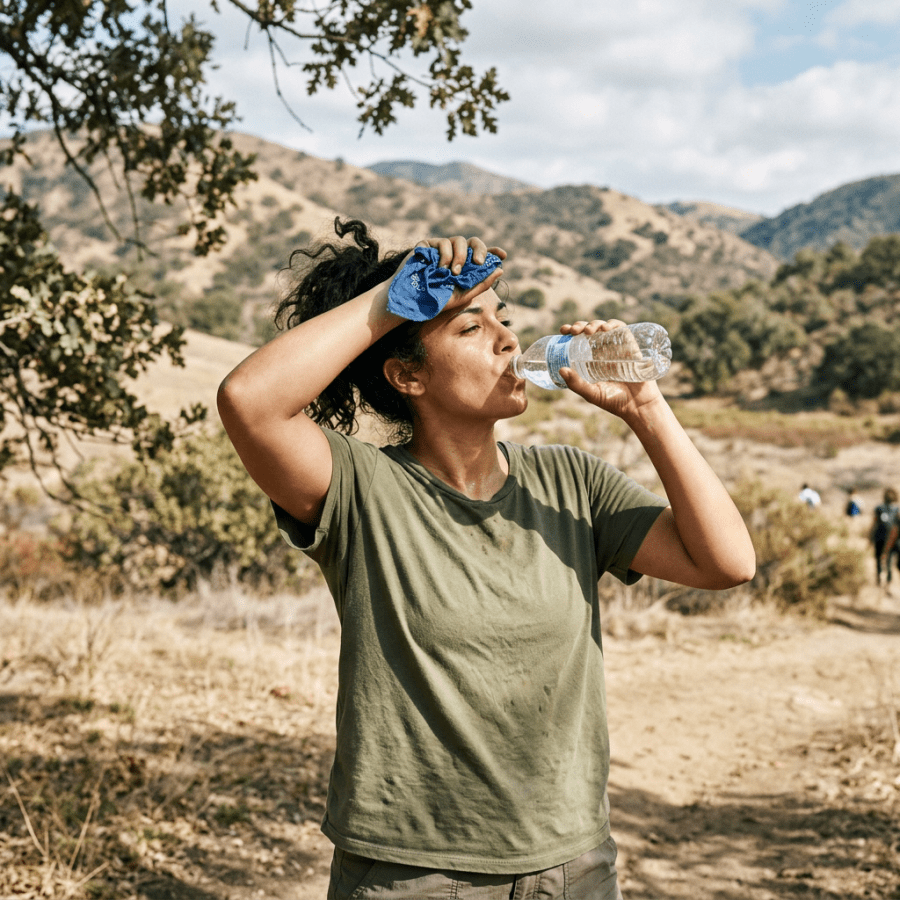 Hiker drinking water and cooling forehead with a blue cloth