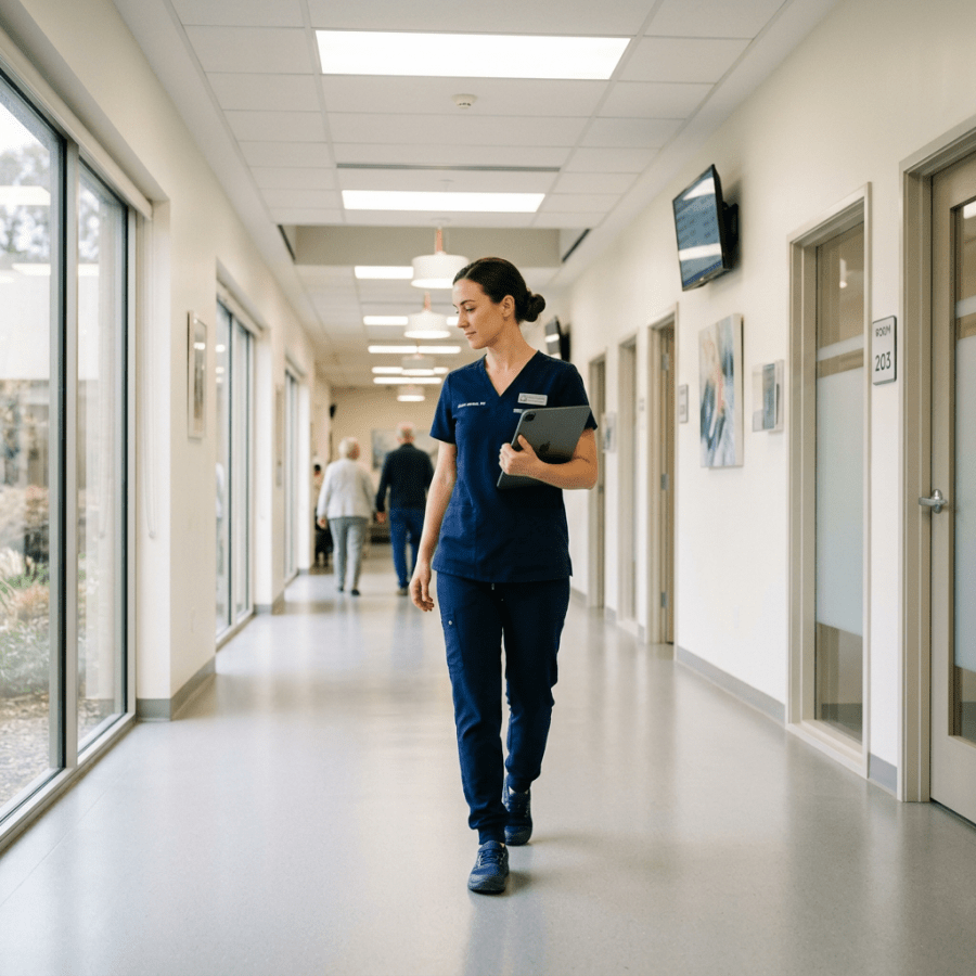 Healthcare professional in scrubs walking through a clinic hallway with tablet
