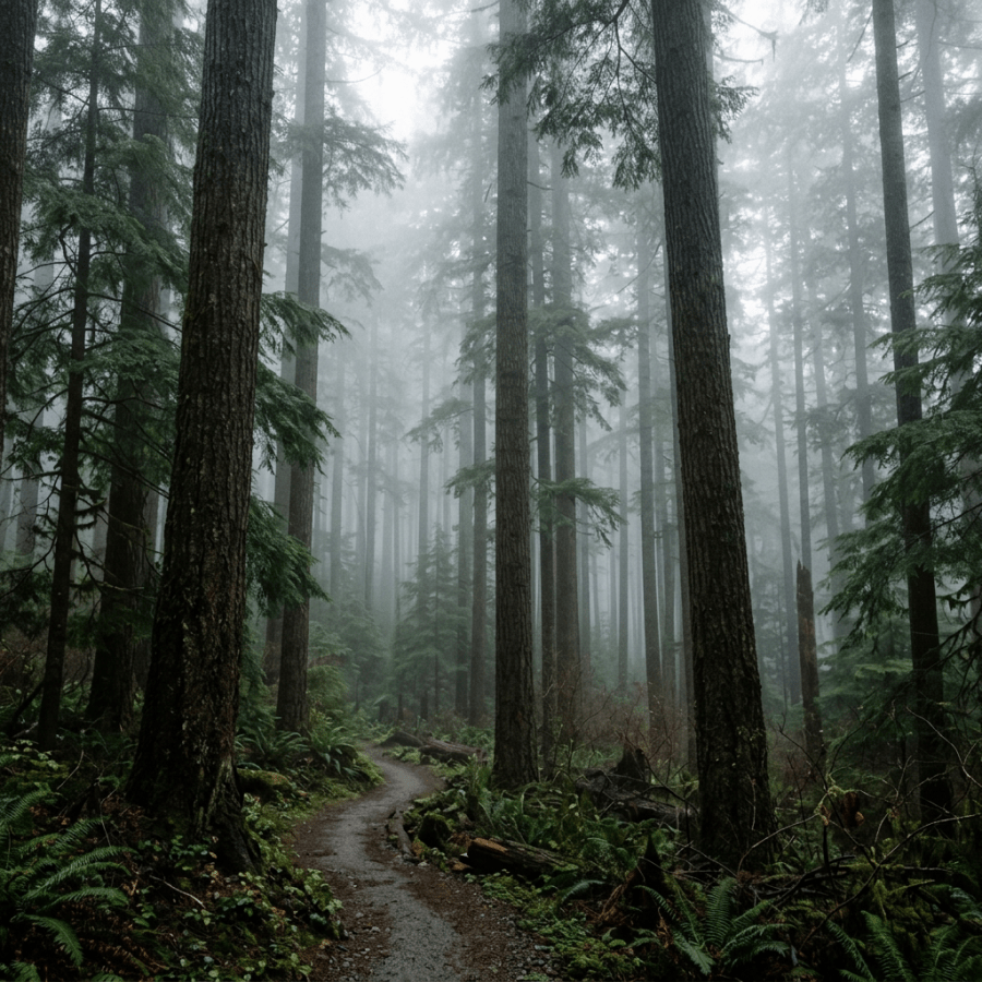 Misty forest trail winding among towering evergreen trees and ferns