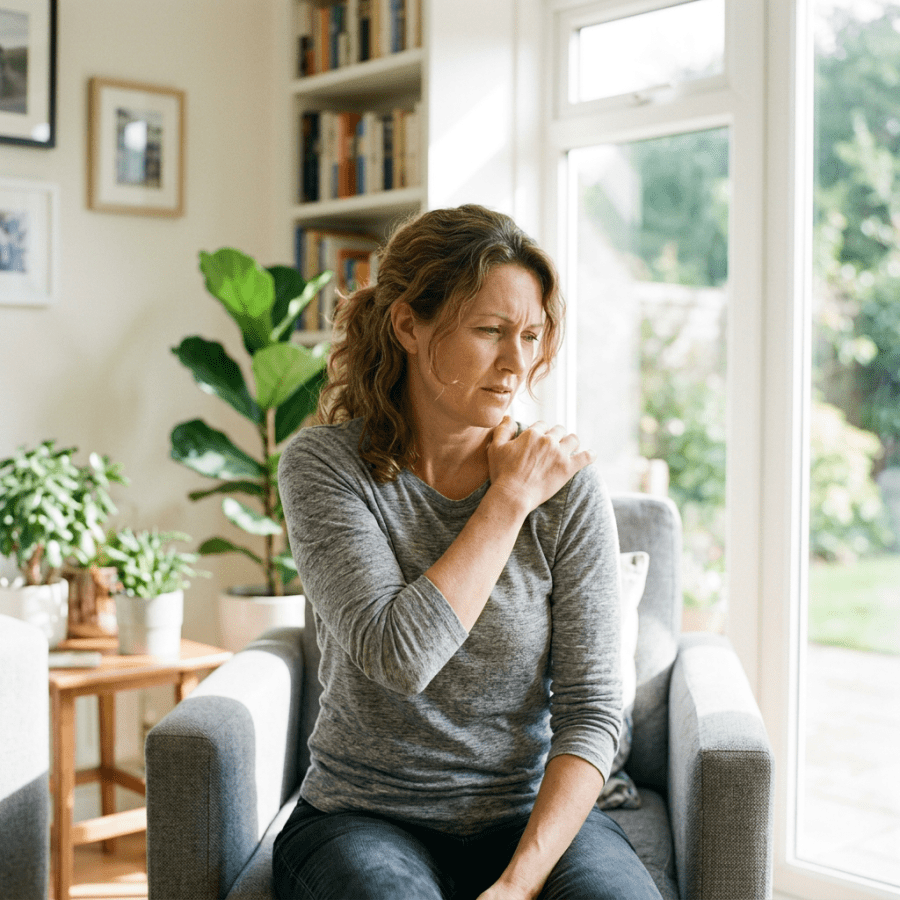 Woman seated in armchair holding her sore shoulder