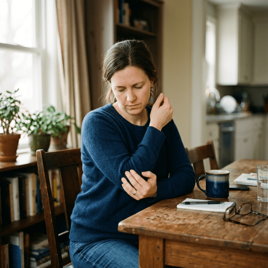 Woman cradling her elbow and forearm with her opposite hand at a table