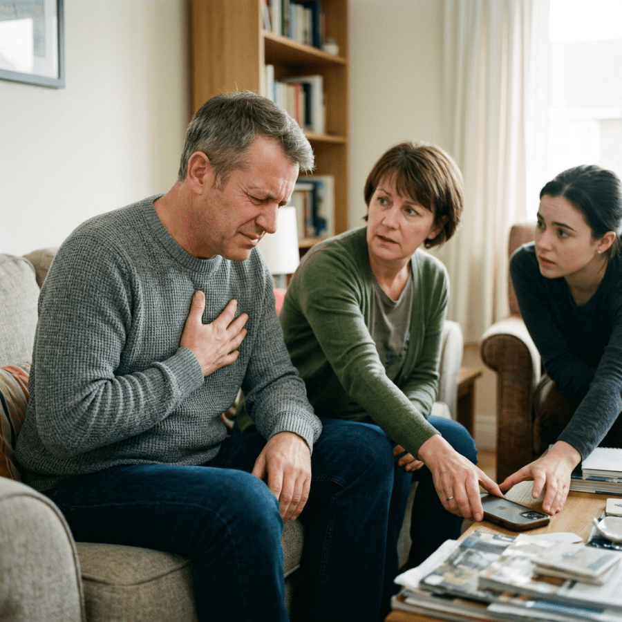 Man clutching his chest as two women assist him at home