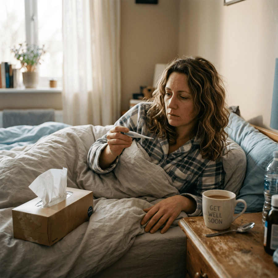 Woman resting in bed and checking her temperature with tea and tissues nearby