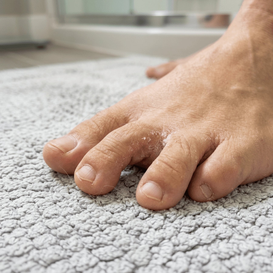 Close-up of toes with dry, peeling skin on a textured towel