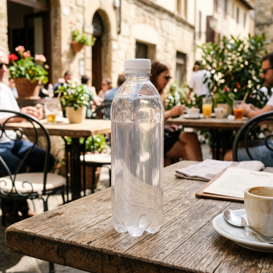 Clear water bottle on a wooden café table with coffee and menu