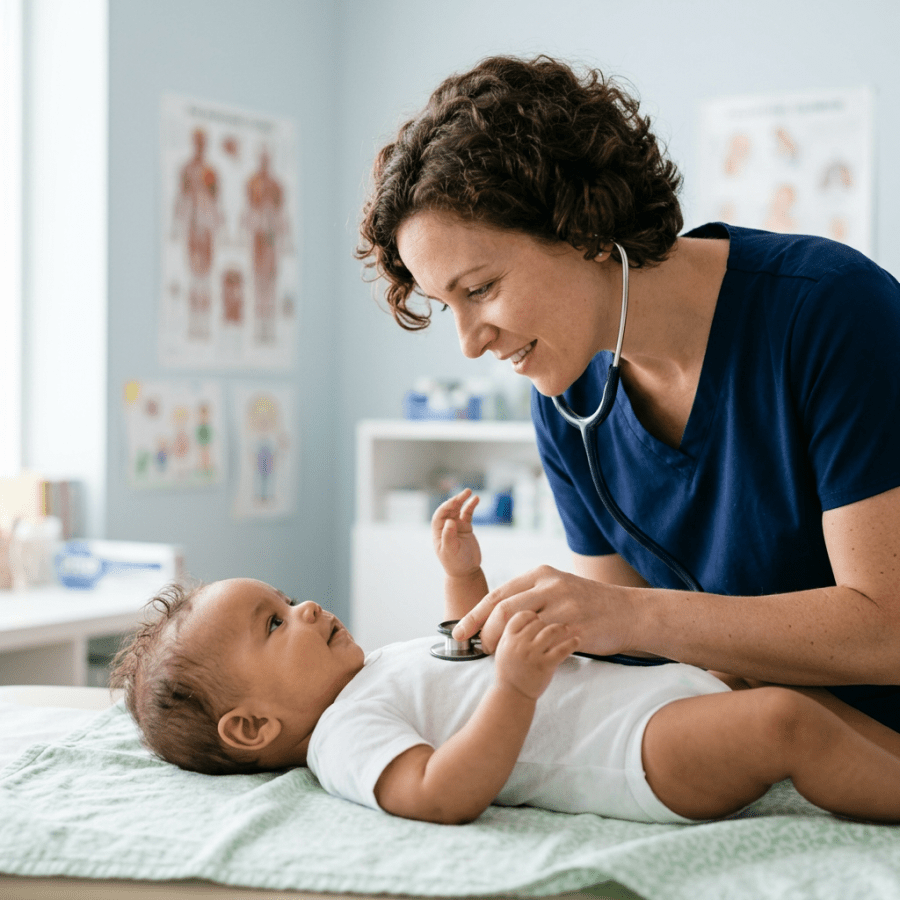 Healthcare professional examining a baby with a stethoscope