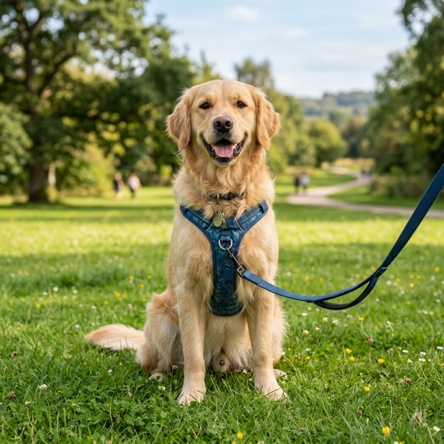 Golden retriever wearing a harness and leash in a sunny park