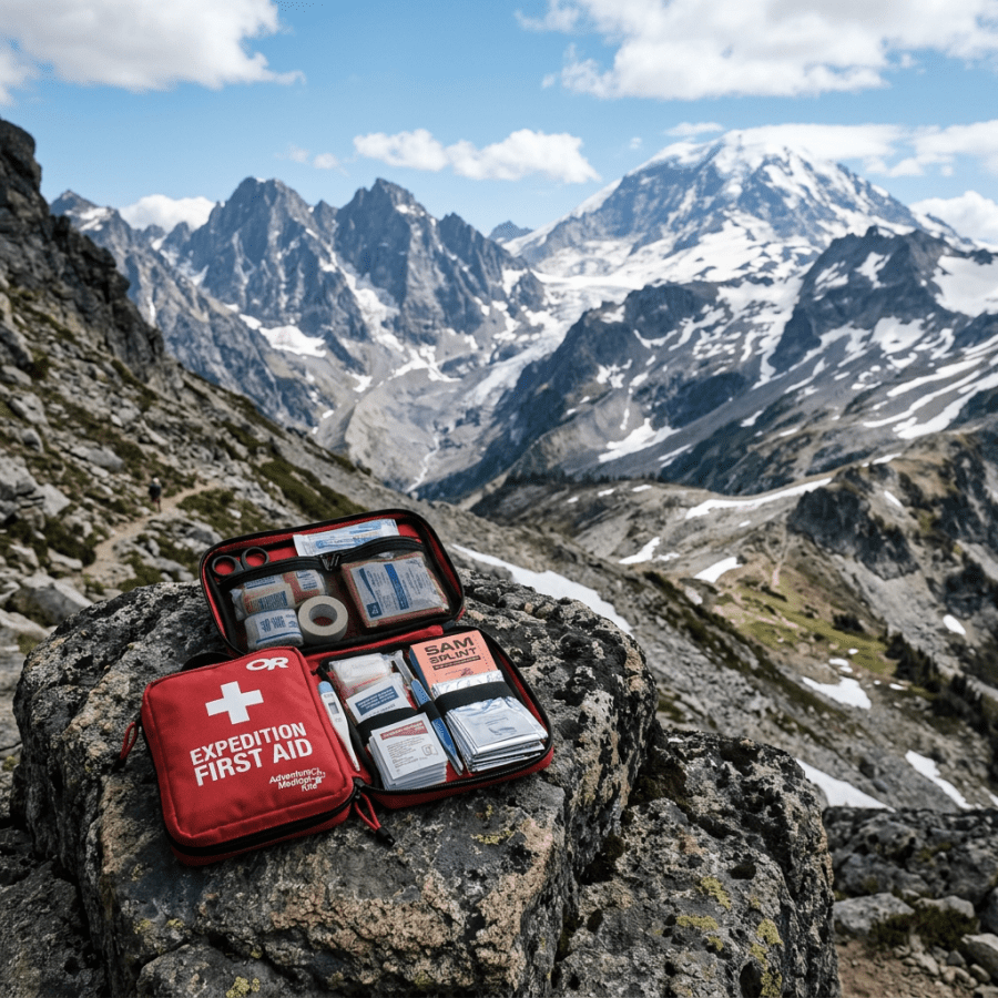Open expedition first-aid kit on a rock overlooking snow-capped mountains