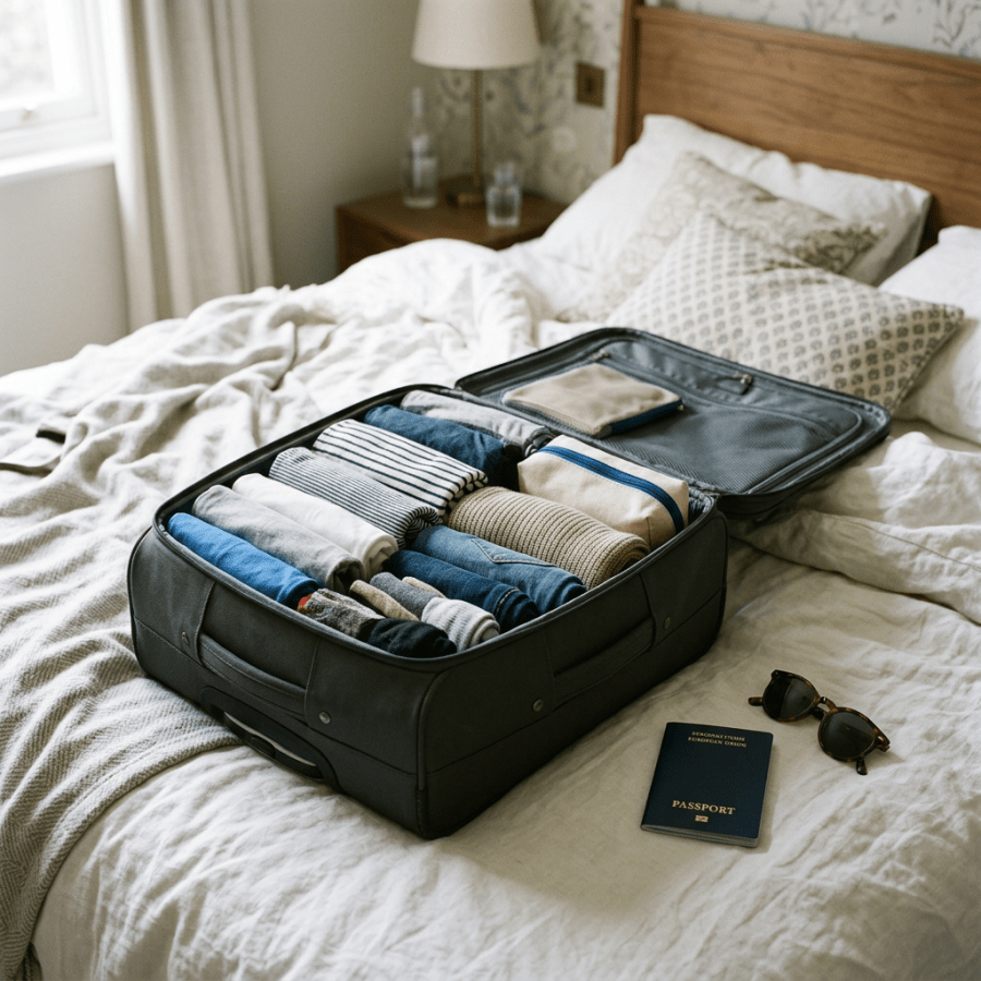 Open suitcase packed with clothes beside a passport and sunglasses