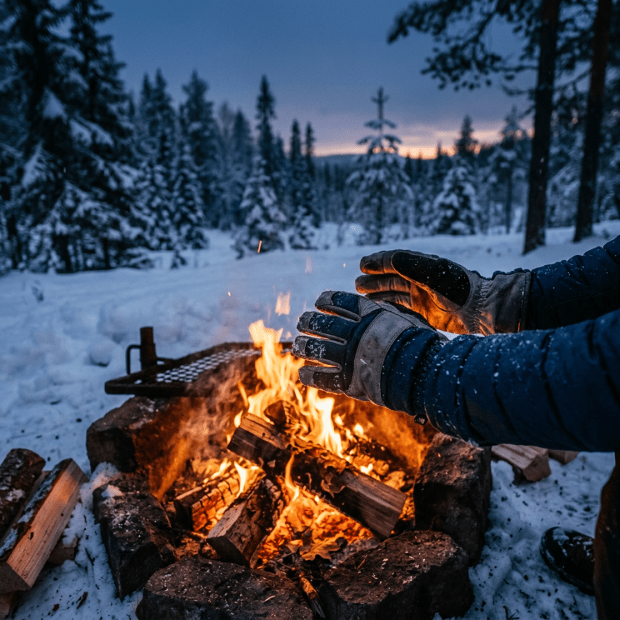 Gloved hands warming over a campfire in a snowy forest