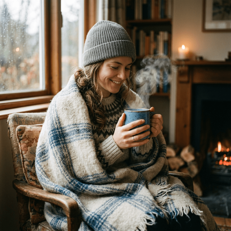 Woman in a beanie holding a steaming mug by a fireplace