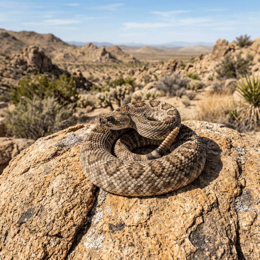 Coiled rattlesnake resting on a sunlit desert rock