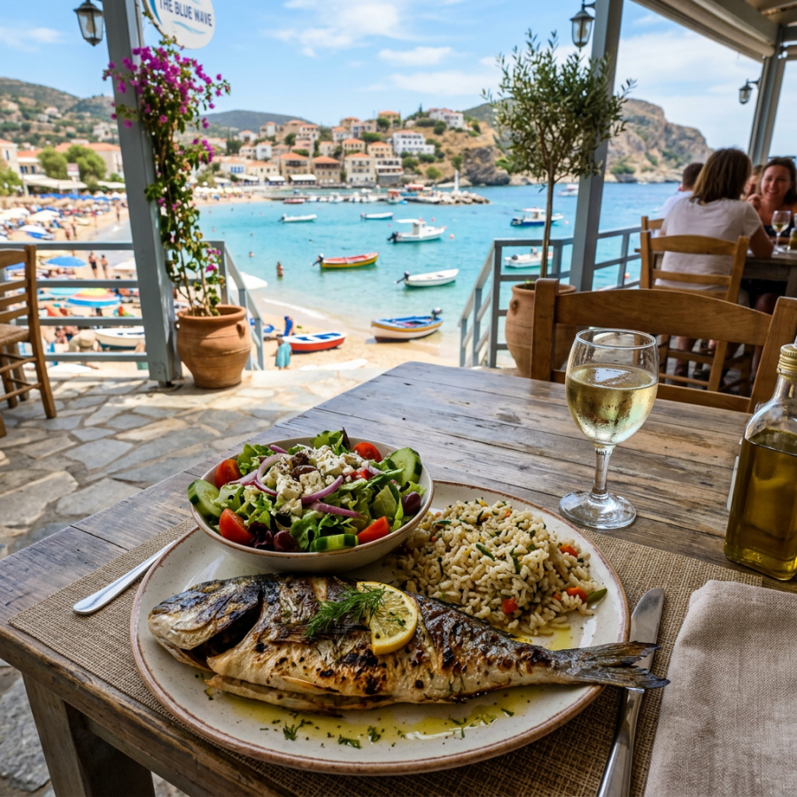 Grilled fish, salad, and rice served overlooking a turquoise seaside village
