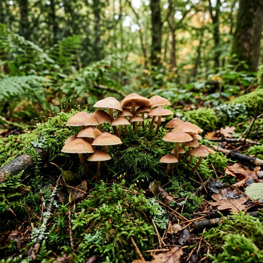 Cluster of brown mushrooms growing among moss and fallen leaves