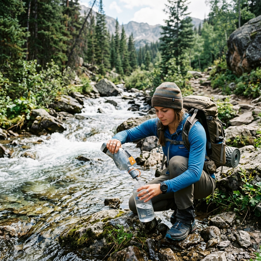 Backpacker filtering stream water beside a mountain trail