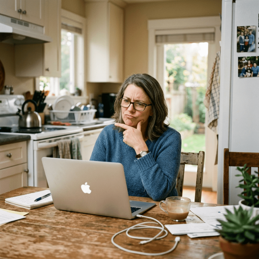 Woman thinking beside a laptop at a kitchen table